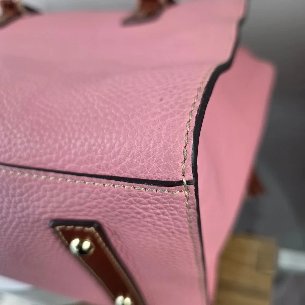 Dooney & Bourke Pink Pebbled Leather Shoulder Bag Brown Trim Tassel Logo Purse